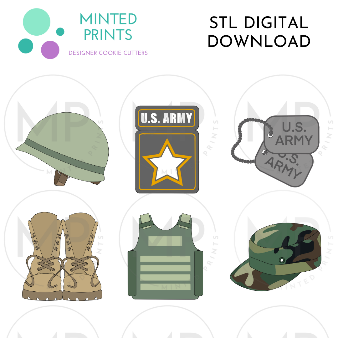 Army Set of 6 Cookie Cutter STL DIGITAL DOWNLOAD