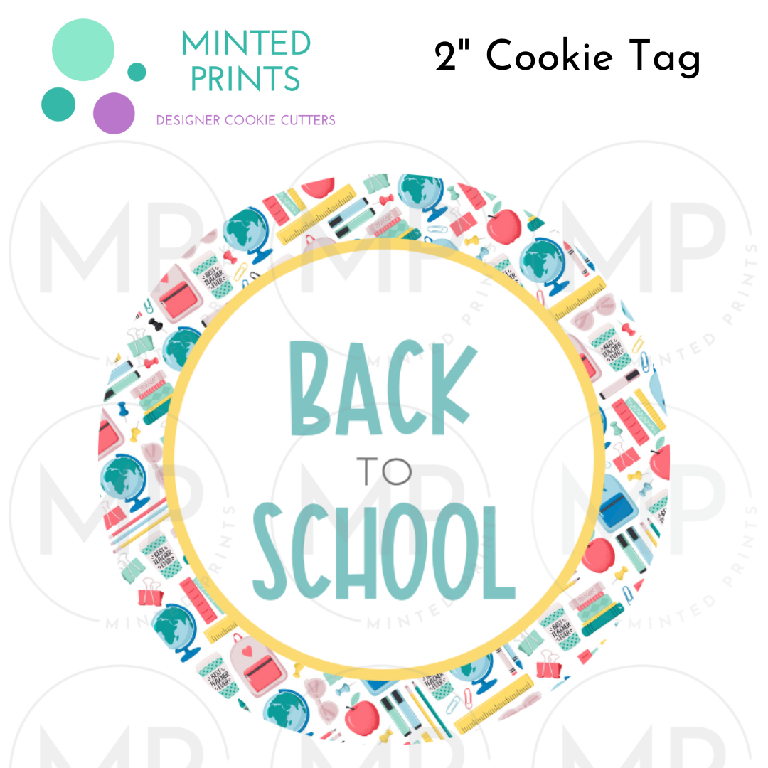 Back to School Cookie Tag with School Supplies Background, 2 Inch