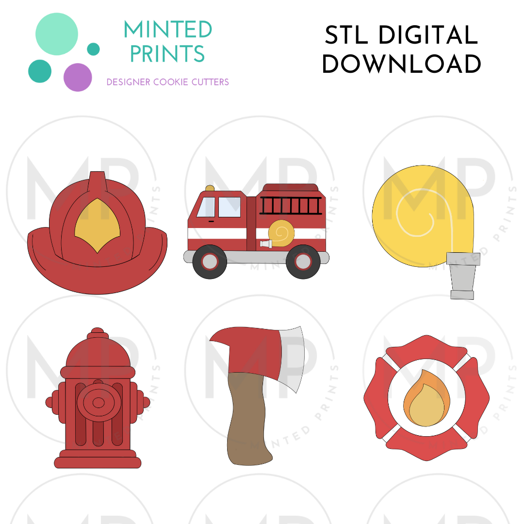 Firefighting Set of 6 Cookie Cutter STL DIGITAL DOWNLOAD