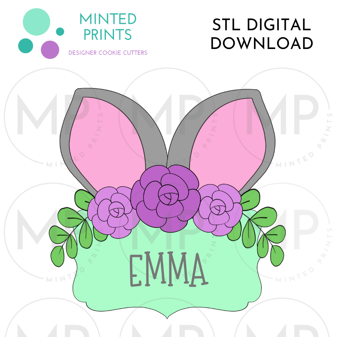 Floral Rabbit Ears Plaque Cookie Cutter STL DIGITAL DOWNLOAD