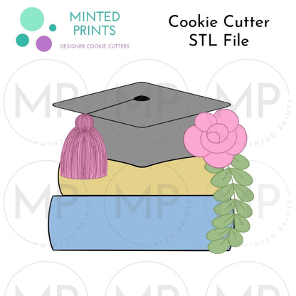 Floral Grad Hat on Books Cookie Cutter STL DIGITAL FILE