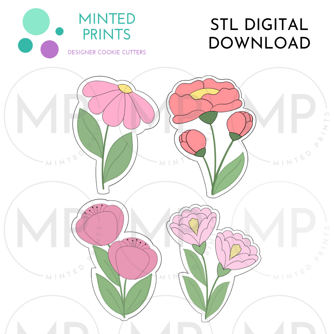 Flowers (Set of 4) Cookie Cutter STL DIGITAL DOWNLOAD