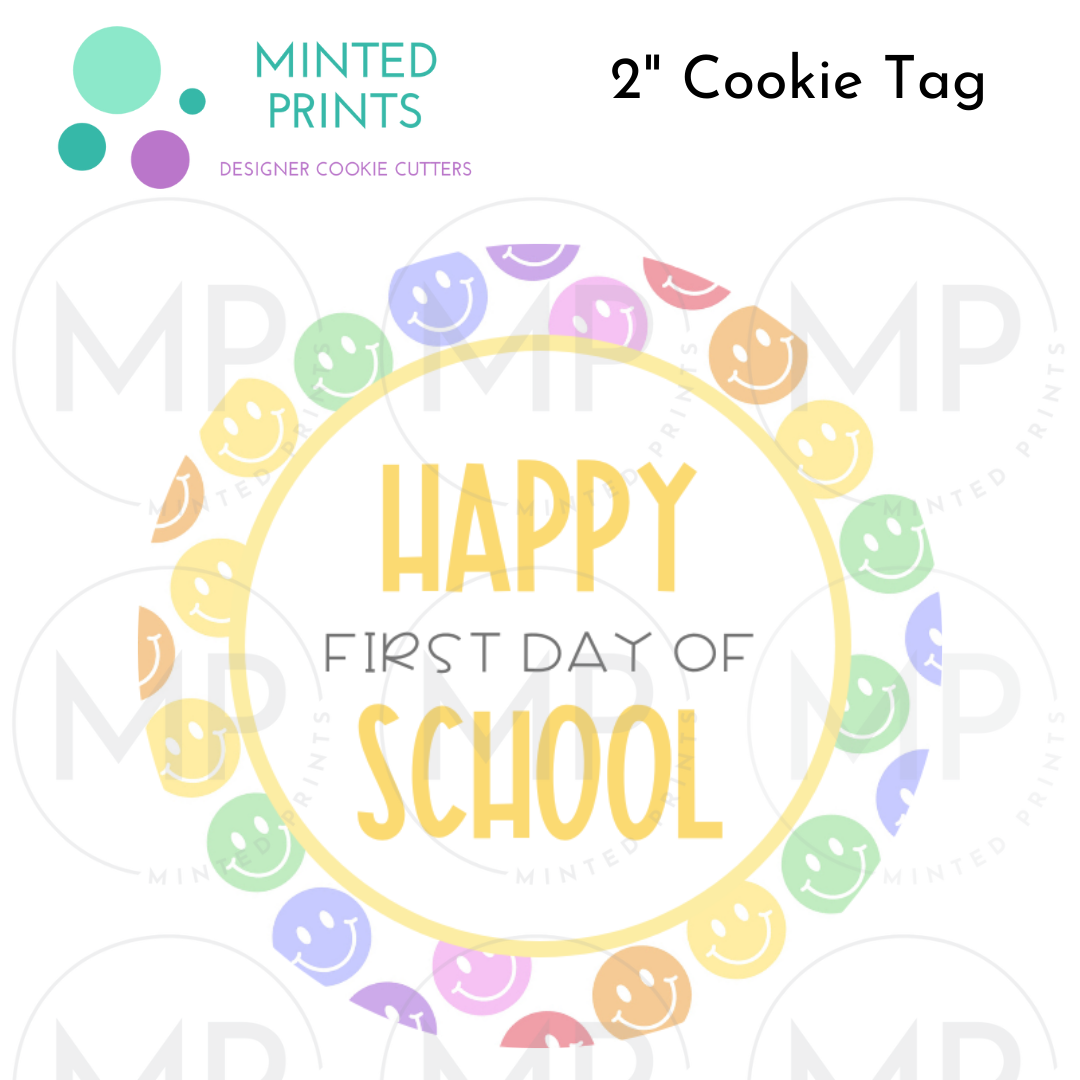 Happy First Day of School Cookie Tag with Pastel Smiley Face Background, 2 Inch