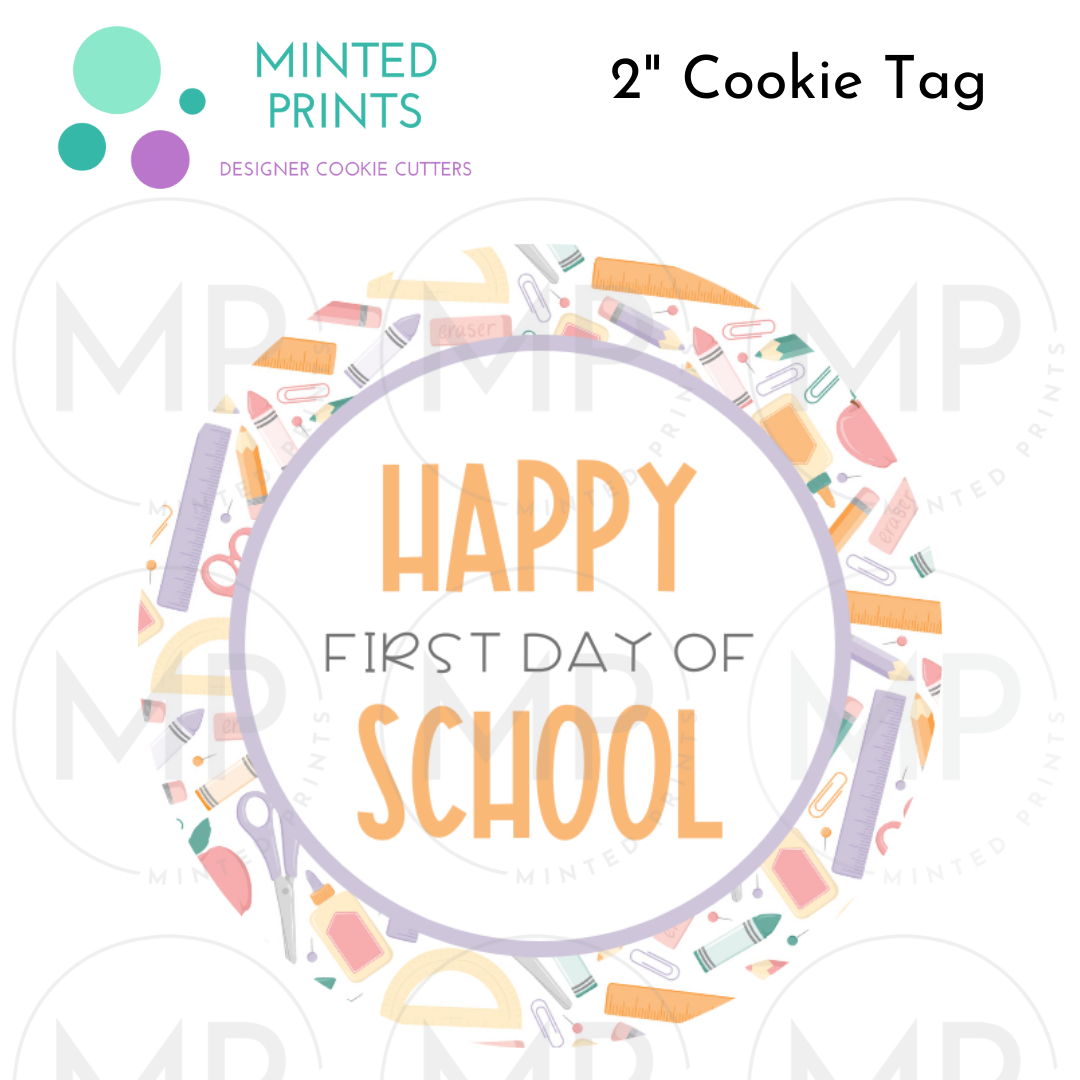 Happy First Day of School Cookie Tag with Pastel School Supplies Background, 2 Inch