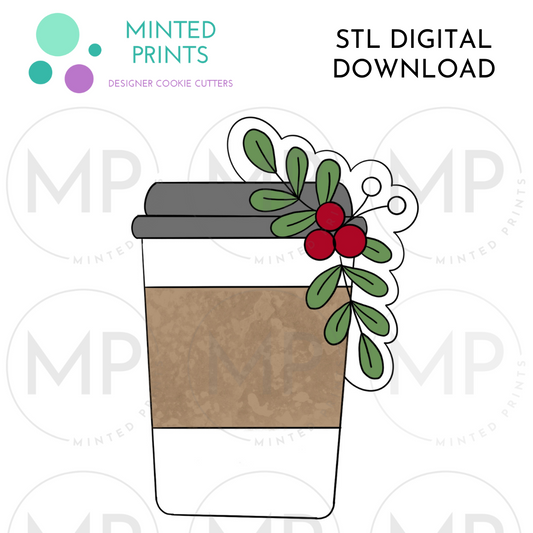 Holly Latte Cup Cookie Cutter STL DIGITAL DOWNLOAD