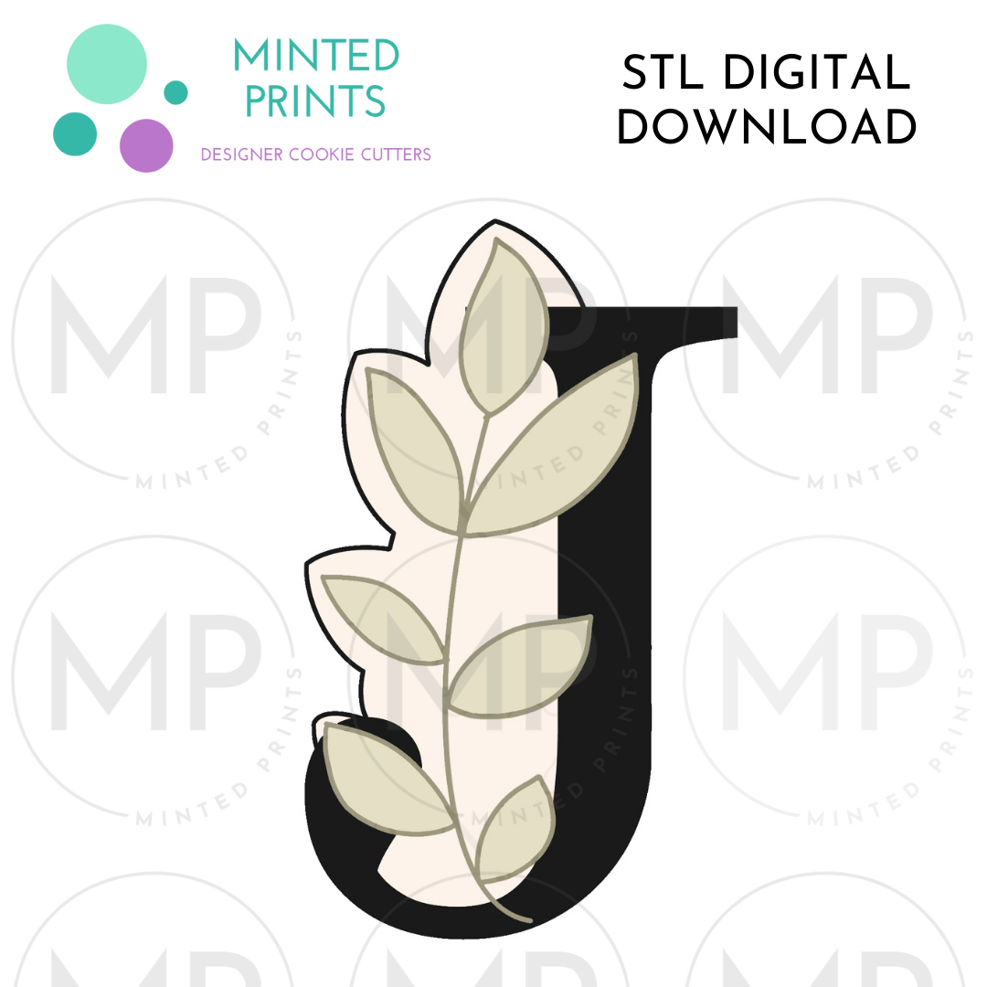 Leafy Letter J Cookie Cutter STL DIGITAL DOWNLOAD