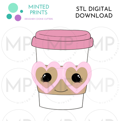 Latte Cup in Heart Glasses Cookie Cutter STL DIGITAL DOWNLOAD