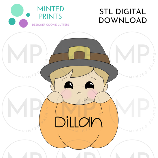 Pilgrim Boy in Pumpkin Cookie Cutter STL DIGITAL DOWNLOAD