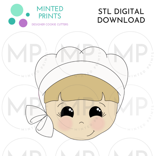 Pilgrim Girl Head Cookie Cutter STL DIGITAL DOWNLOAD