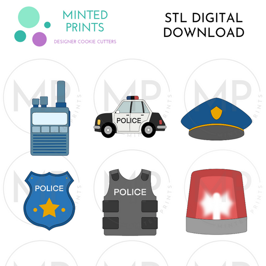 Police Set of 6 Cookie Cutter STL DIGITAL DOWNLOAD