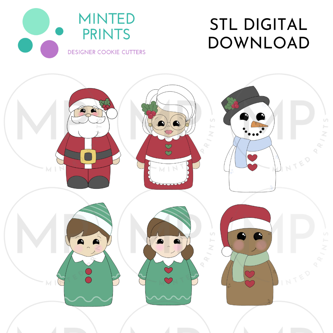 Christmas Peg Dolls (Set of 6) Cookie Cutter STL DIGITAL DOWNLOAD