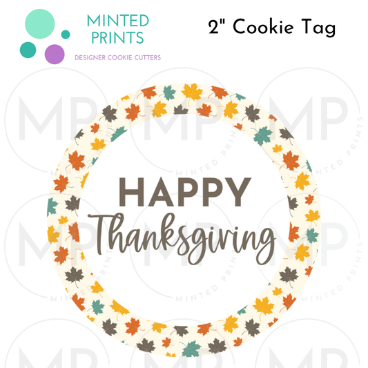 Happy Thanksgiving Cookie Tag with Colorful Maple Leaves Background, 2 Inch