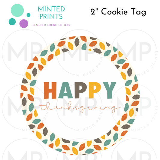 Happy Thanksgiving Cookie Tag with Colorful Leaves Background, 2 Inch