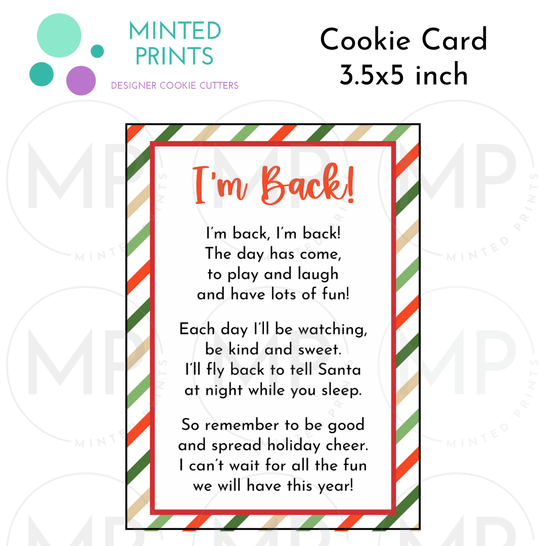 I'm Back Elf Letter Cookie Card with Colored Stripes Background, 3.5x5 inch