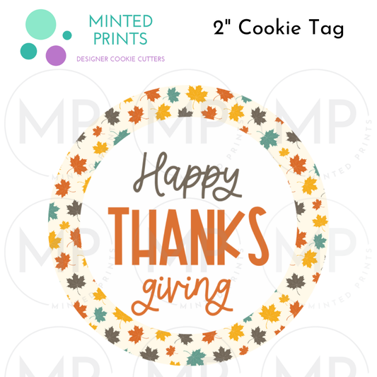 Happy THANKSgiving Cookie Tag with Colorful Maple Leaves Background, 2 Inch