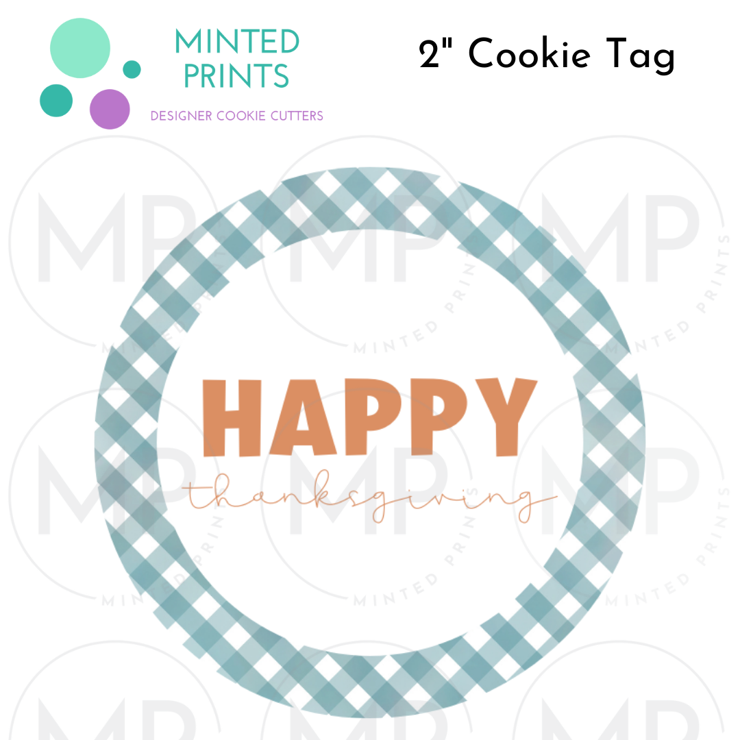 Happy Thanksgiving Cookie Tag with Blue Plaid Background, 2 Inch