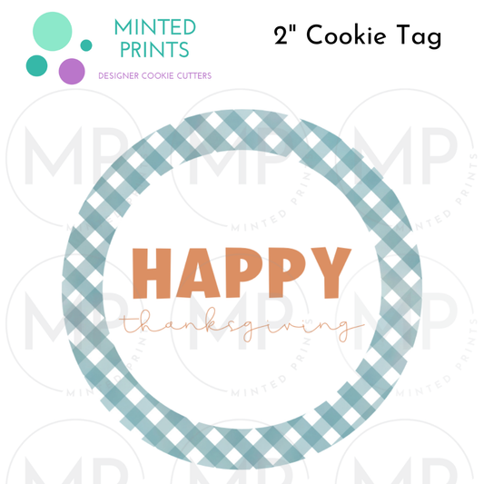 Happy Thanksgiving Cookie Tag with Blue Plaid Background, 2 Inch