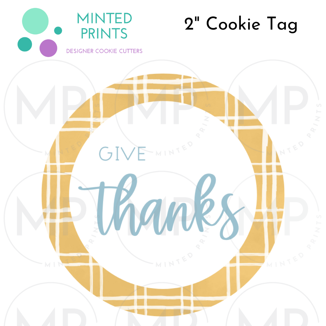 Give Thanks Cookie Tag with Yellow Plaid Background, 2 Inch